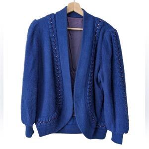 Vintage 80s Fuzzy Angora Beaded Braid Trim Blue Purple Cardigan Women's Size M